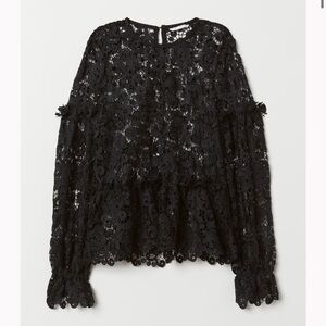 H&M Black Embroidered Lace Ruffle Long Balloon Sleeve Sheer Blouse Women Size 6